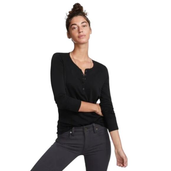 American Giant Black Premium Slub Long Sleeve Henley Top - Picture 2 of 11